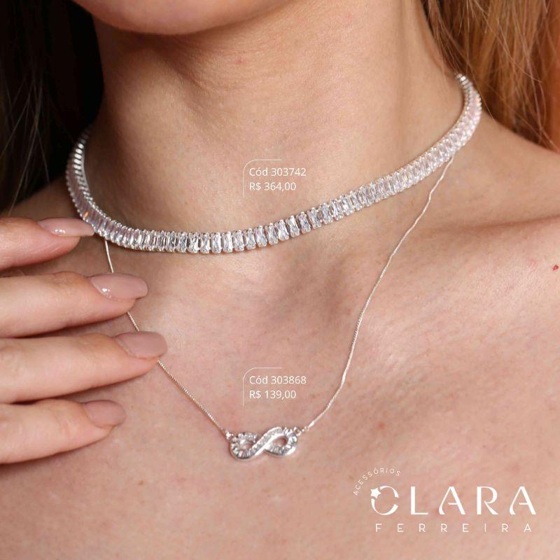 COLAR VENEZIANA C/ PINGENTE INFINITO ZIRCÔNIAS BAGUETES FIXO - 19MM - 45CM - Banho de Prata