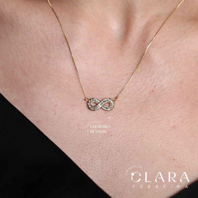 COLAR VENEZIANA C/ PINGENTE INFINITO ZIRCÔNIAS BAGUETES FIXO - 19MM - 45CM - Dourado
