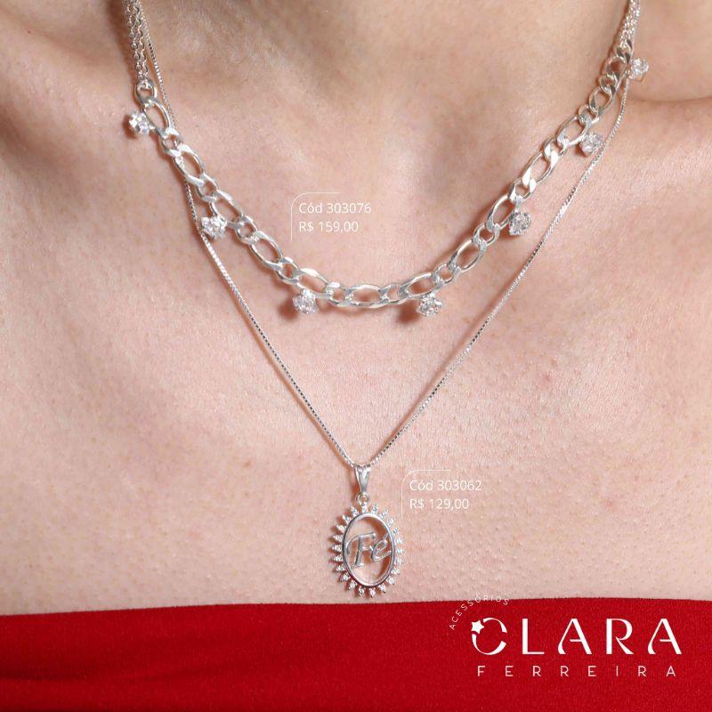 COLAR VENEZIANA C/ PINGENTE MANDALA MANUSCRITO FÉ VAZADO ADORNADO MICROZIRCONIAS - 19MM - 45CM - Banho de Prata