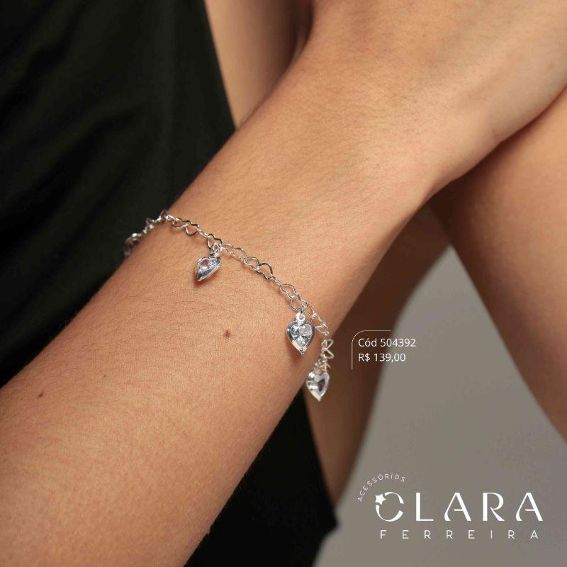 PULSEIRA ELOS CORAÇÕES ENTRELAÇADOS C/ 5 TIFFANYS CORAÇÕES PENDURADAS - 8MM - 17CM - Banho de Prata