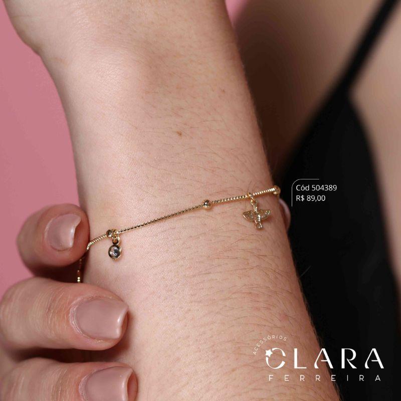 PULSEIRA VENEZIANA C/ BOLINHAS C/ 3 ESPÍRITOS SANTOS E 2 TIFFANYS PENDURADAS - 9MM - 17CM - Dourado
