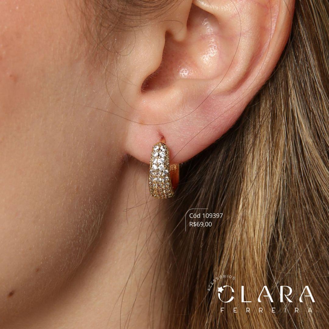 BRINCO ARGOLINHA CLICK GOTA 3 FILEIRAS MICROZIRCONIAS  - 15X6MM - Dourado