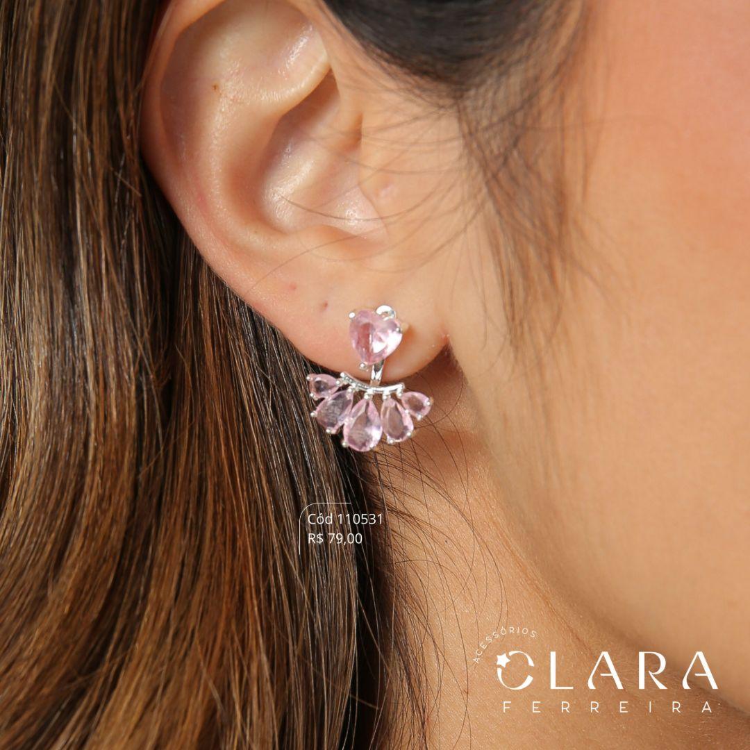 BRINCO EAR JACKET 5MM ZIRCÔNIA CORAÇÃO C/ 5 ZIRCÔNIAS GOTAS - Banho de Prata