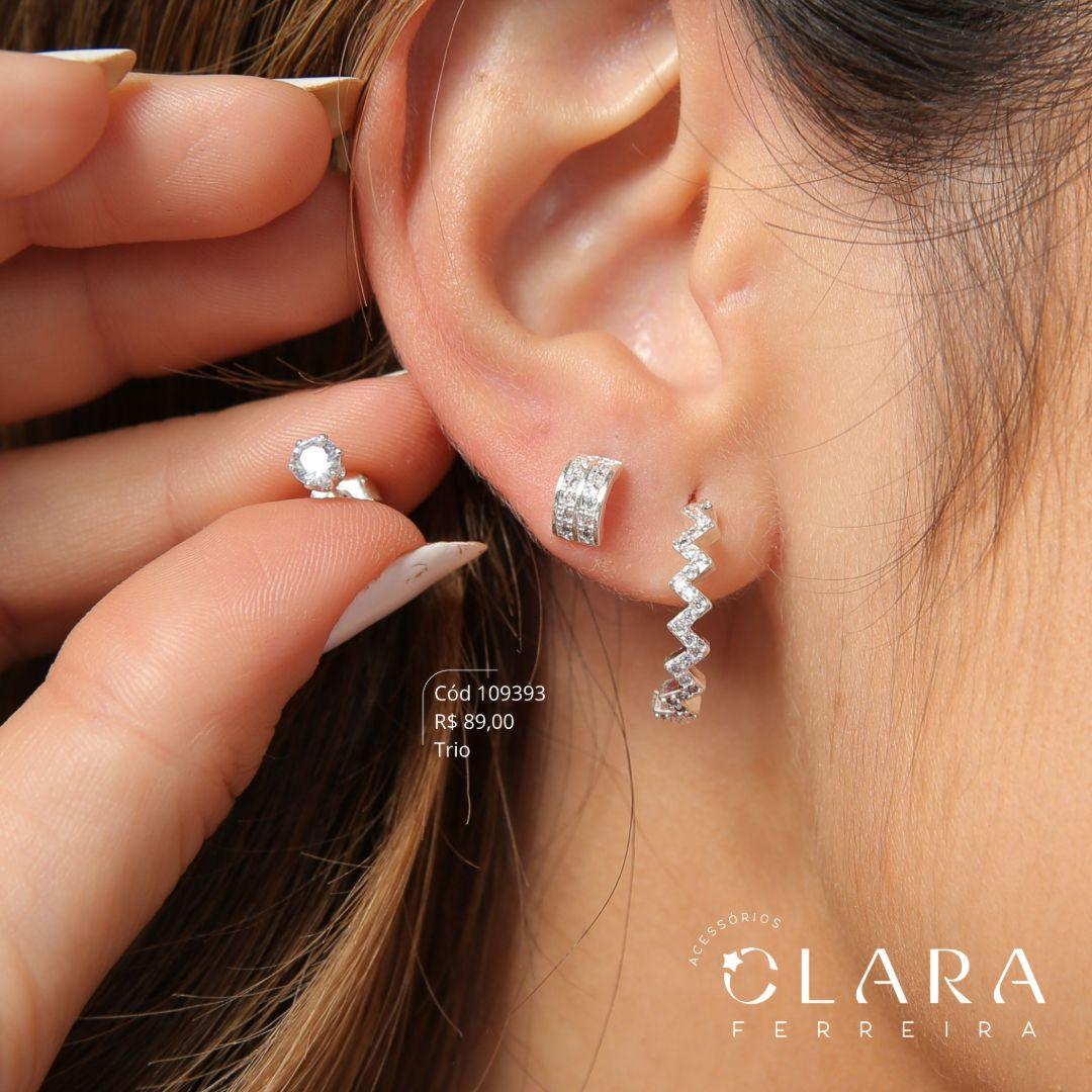 BRINCO KIT TRIO 3 BRINCOS MISTOS, 1 ARGOLA 1 FILEIRA MICROZIRCONIAS ZIG ZAG, 1 ARGOLINHA 2 FILEIRAS MICROZIRCONIAS E 1 PONTO DE LUZ ZIRCONIA REDONDA 3MM CAIXA COROA 6 GARRAS  - Banho de Prata