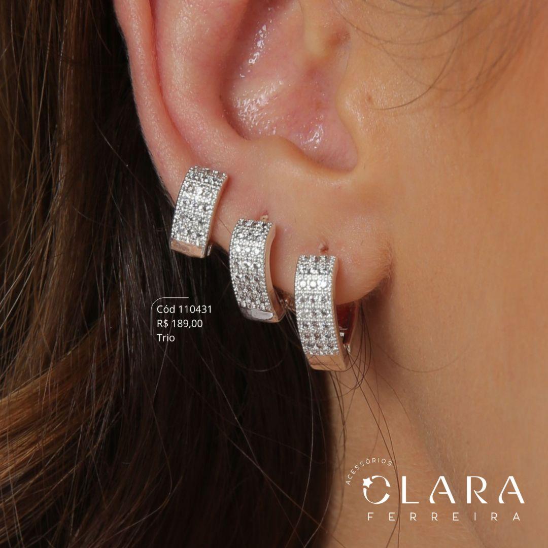 BRINCO KIT TRIO ARGOLINHAS CLICK 3 FILEIRAS MICROZIRCÔNIAS - 10, 13 E 15X5MM - Banho de Prata