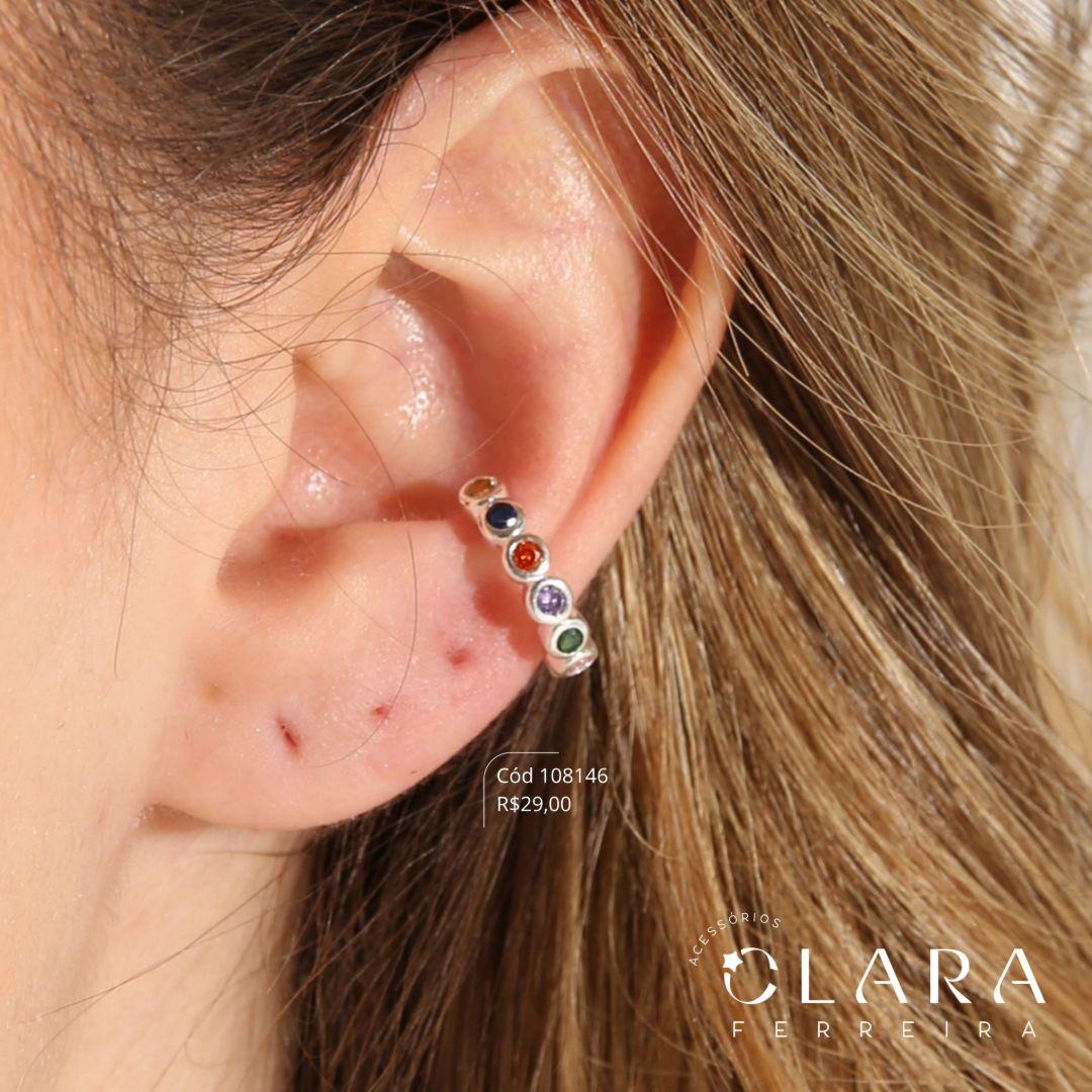 BRINCO PIERCING FAKE 7 ZIRCONIAS REDONDAS  COLORIDAS  - Banho de Prata