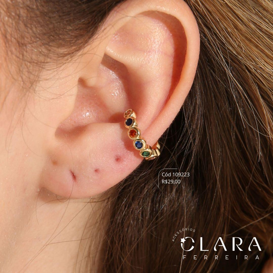 BRINCO PIERCING FAKE 7 ZIRCONIAS REDONDAS COLORIDAS - Dourado