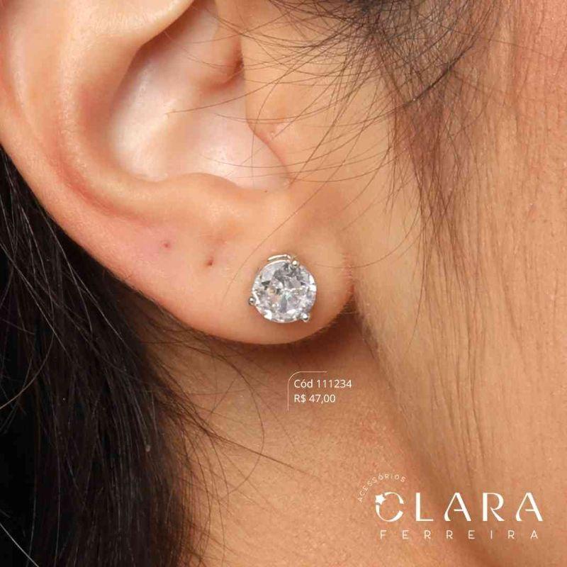 BRINCO SOLITÁRIO 8MM - CAIXA COROA 3 GARRAS - PEÇA EXCLUSIVA - Ródio Branco