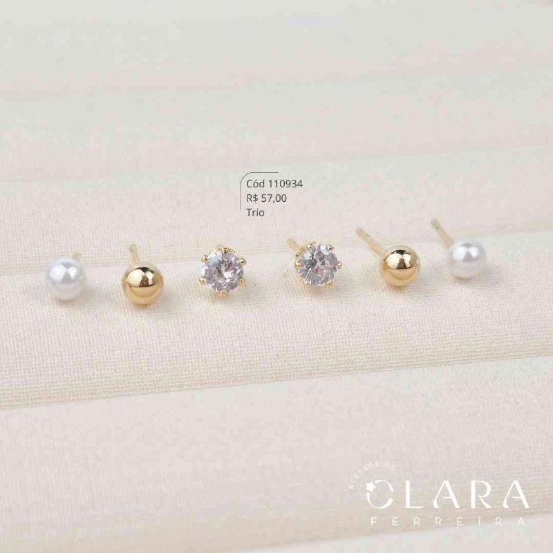 BRINCO TRIO SOLITÁRIO ZIRCÔNIA REDONDA CAIXA COROA, BOLA LISA E PÉROLA FIXA - 4MM - Dourado