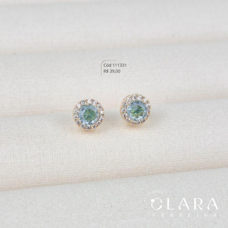 BRINCO ZIRCÔNIA AZUL ESMERALDA REDONDA 3MM ADORNADA 1 FILEIRA MICROZIRCÔNIAS CAIXA INGLESA FUNDIDADA - 6MM - Dourado
