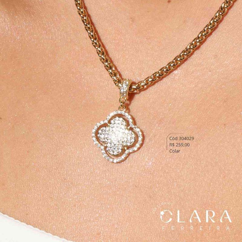 COLAR BALI PONTO PERUANO C/ TREVO VAN CLEEF ALHAMBRA MICROZIRCÔNIAS VAZADO - 19MM - 45CM - Dourado