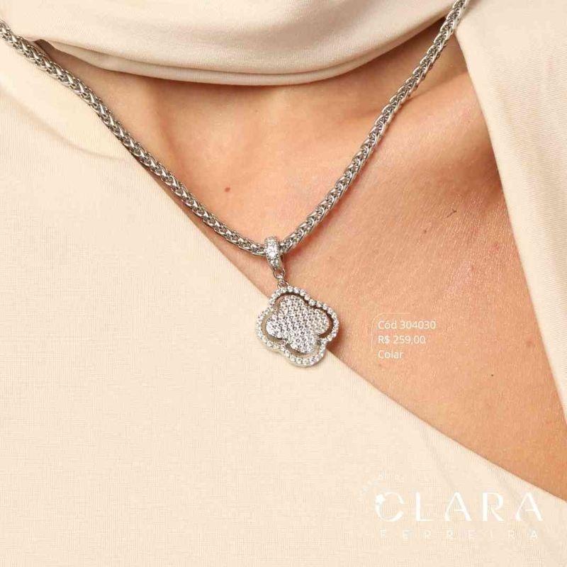 COLAR BALI PONTO PERUANO C/ TREVO VAN CLEEF ALHAMBRA MICROZIRCÔNIAS VAZADO - 19MM - 45CM - Ródio Branco