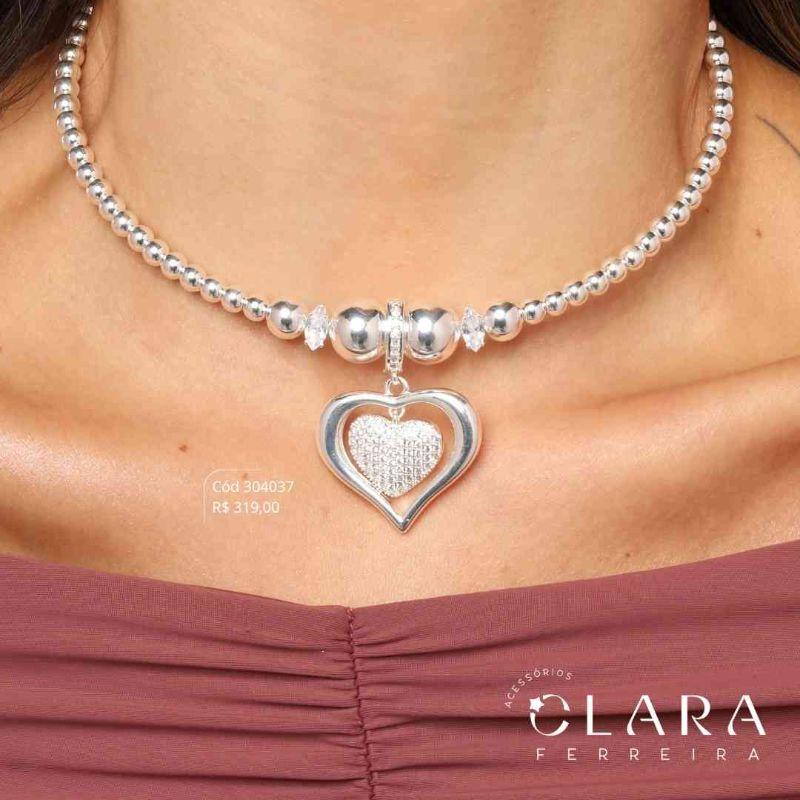 COLAR CHOKER ARO DE BOLINHAS LISAS 5MM C/ PINGENTE CHUVEIRINHO CORAÇÃO MICROZIRCÔNIAS ADORNADO FIO LISO VAZADO 26MM - PEÇA EXCLUSIVA - Banho de Prata