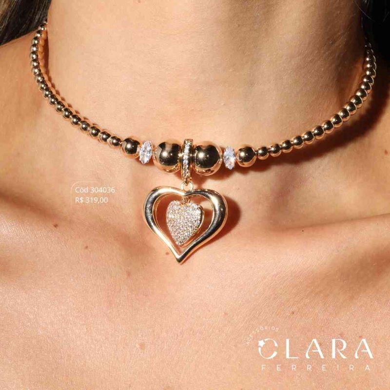 COLAR CHOKER ARO DE BOLINHAS LISAS 5MM C/ PINGENTE CHUVEIRINHO CORAÇÃO MICROZIRCÔNIAS ADORNADO FIO LISO VAZADO 26MM - PEÇA EXCLUSIVA - Dourado