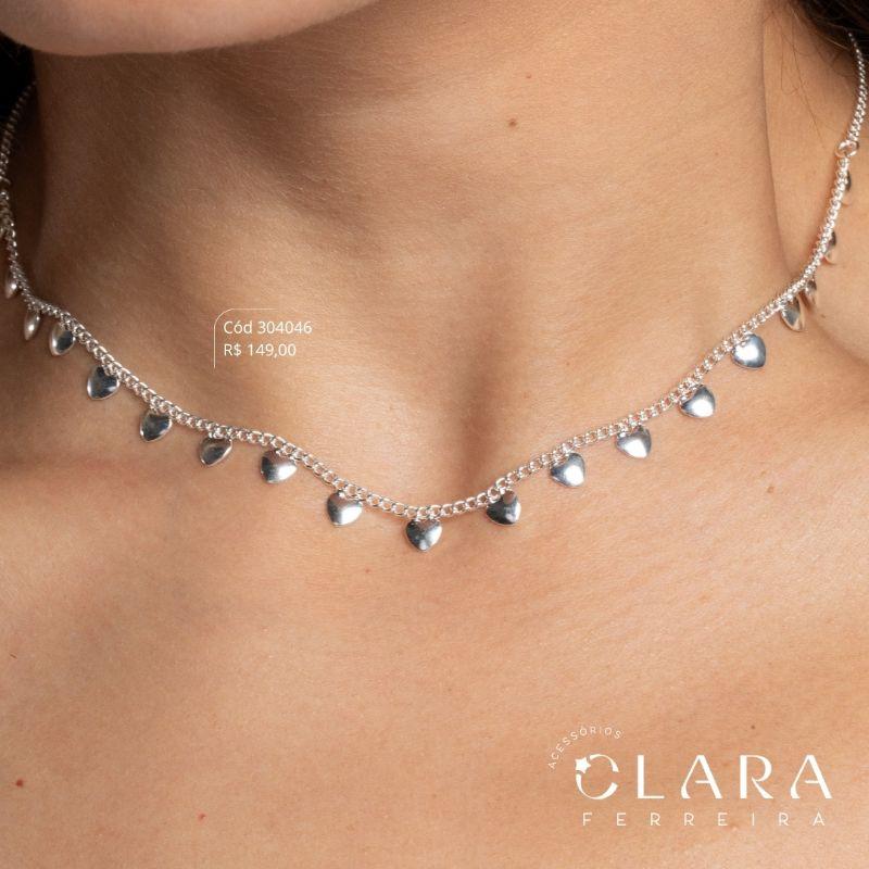 COLAR CHOKER ELO GRUMET C/ 19 CORAÇÕES 4MM LISOS PENDURADOS - 40CM - Banho de Prata