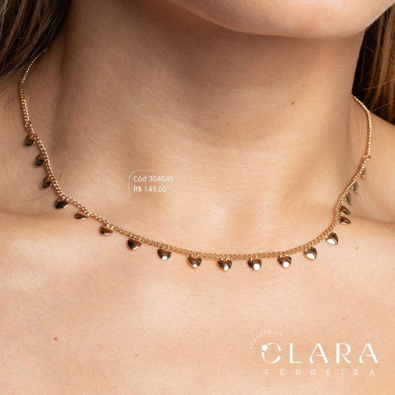 COLAR CHOKER ELO GRUMET C/ 19 CORAÇÕES 4MM LISOS PENDURADOS - 40CM - Dourado