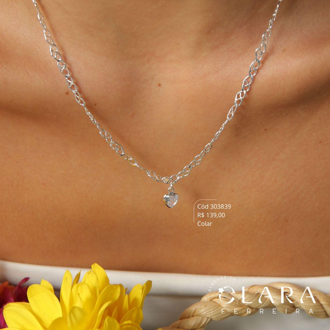 COLAR CHOKER ELOS PORTUGUÊS C/ MEIO ELOS CORAÇÕES ENTRELAÇADOS TRIBAL C/ TIFFANY CORAÇÃO 5MM PENDURADA - 40+5CM - Banho de Prata