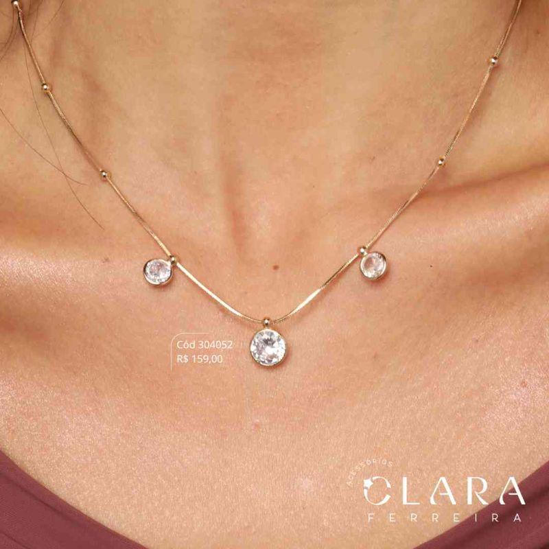 COLAR CHOKER MALHA RABO DE RATO C/ BOLINHAS E 3 TIFF REDONDAS FIXAS - 8MM - 40+5CM - Dourado