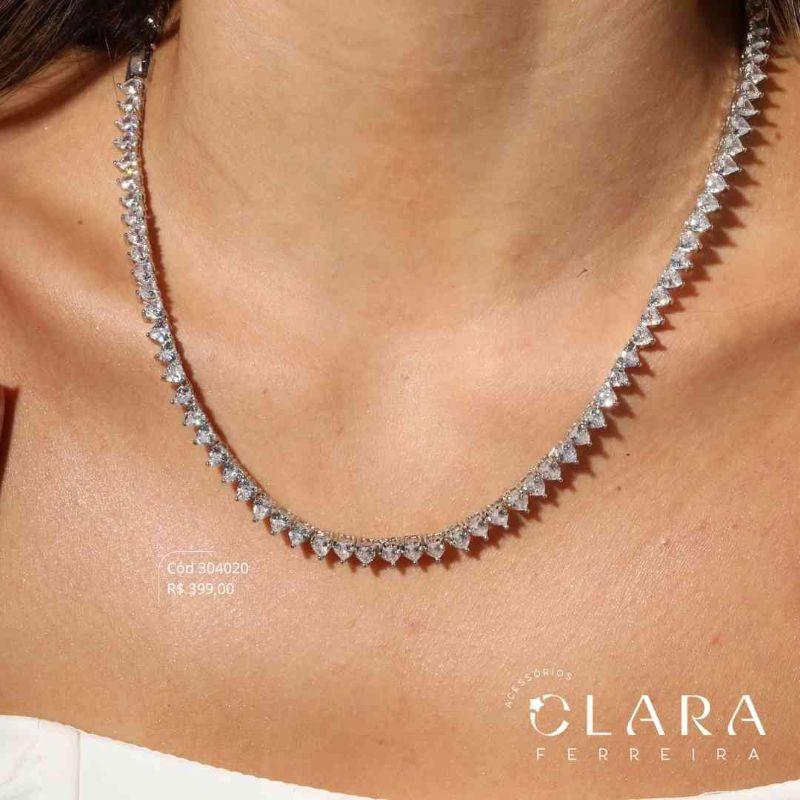 COLAR CHOKER RIVIERA 3 PONTAS ZIRCÔNIA CORAÇÃO 3MM C/ GAVETA FECHO ITALIANO - PEÇA EXCLUSIVA - 5MM - 40CM - Ródio Branco