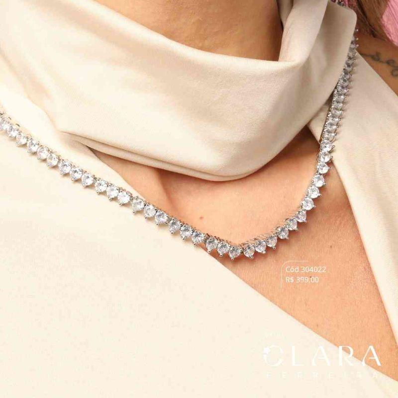 COLAR CHOKER RIVIERA 3 PONTAS ZIRCÔNIA REDONDA 3MM C/ GAVETA FECHO ITALIANO - PEÇA EXCLUSIVA - 5MM - 40CM - Ródio Branco