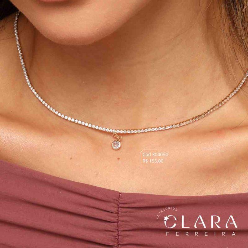 COLAR CHOKER RIVIERA ZIRCÔNIA REDONDA C/ TIFF REDONDA 5MM PENDURADA - 2MM - 40+5CM - Dourado