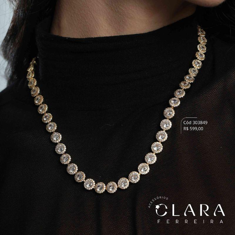 COLAR CHOKER ZIRCÔNIAS REDONDAS ADORNADAS C/ MICROZIRCÔNIAS INSPIRAÇÃO SWAROVSKI LINHA FESTA - 8MM - 40CM - Dourado