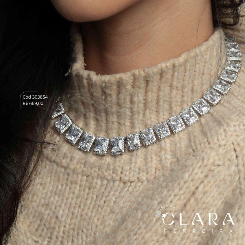 COLAR CHOKER ZIRCÔNIAS RETANGULARES ADORNADAS C/ MICROZIRCÔNIAS INSPIRAÇÃO SWAROVSKI LINHA FESTA - 11MM - 40CM - Banho de Prata