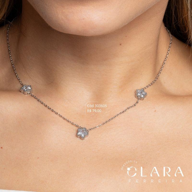 COLAR ELOS C/ 3 FLORES 8MM MIOLO ZIRCONIA CRISTAL FIXAS - 45CM - Aço