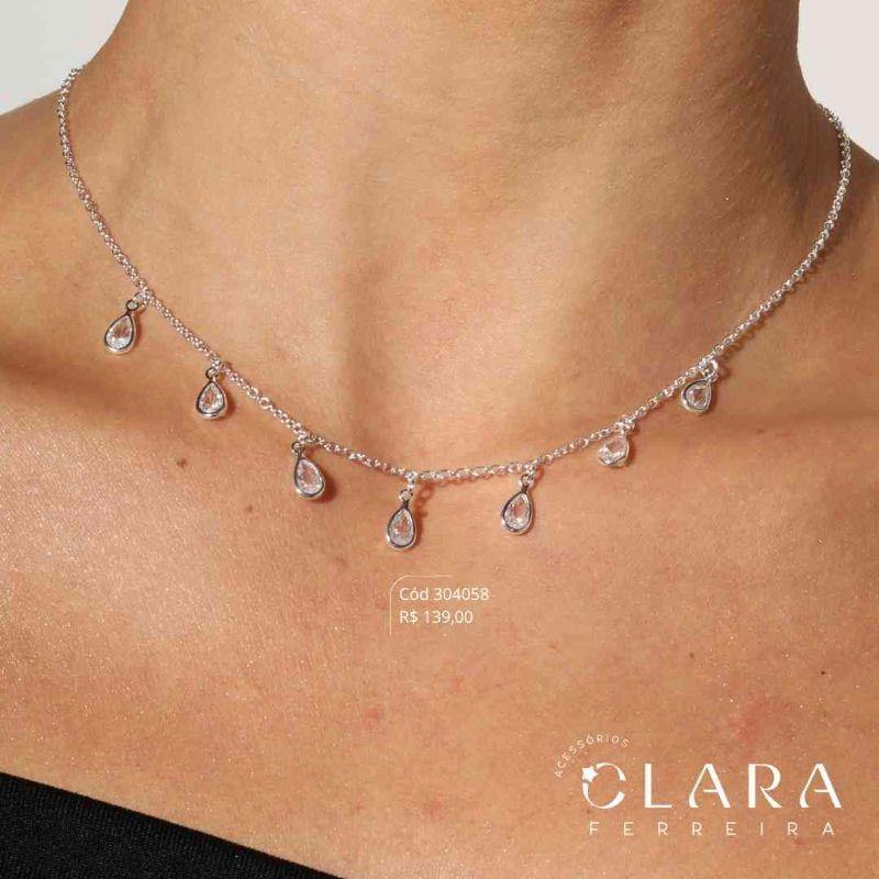 COLAR ELOS C/ 7 ZIRCONIAS FORMATO GOTAS 6MM PENDURADAS - 45CM - Banho de Prata