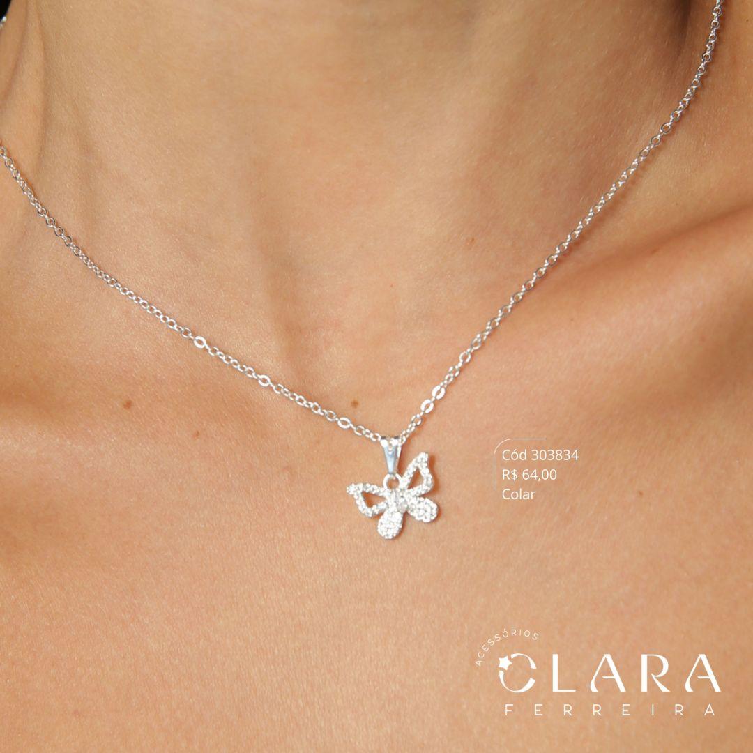 COLAR ELOS C/ PINGENTE BORBOLETA MICROZIRCÔNIAS VAZADA - 10MM - 45CM - Banho de Prata
