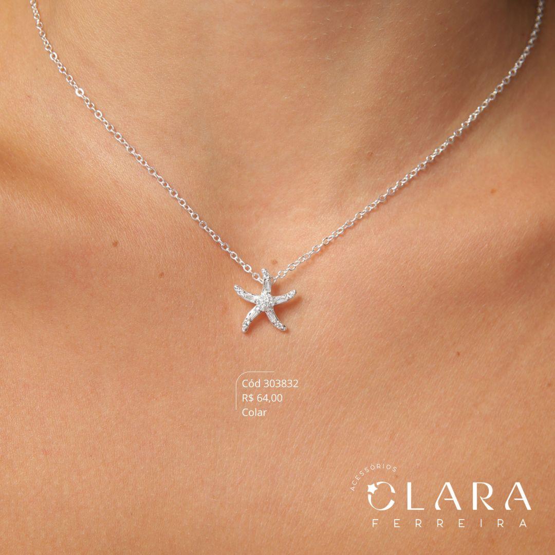 COLAR ELOS C/ PINGENTE ESTRELA DO MAR MICROZIRCÔNIAS - 15MM - 45CM - Banho de Prata