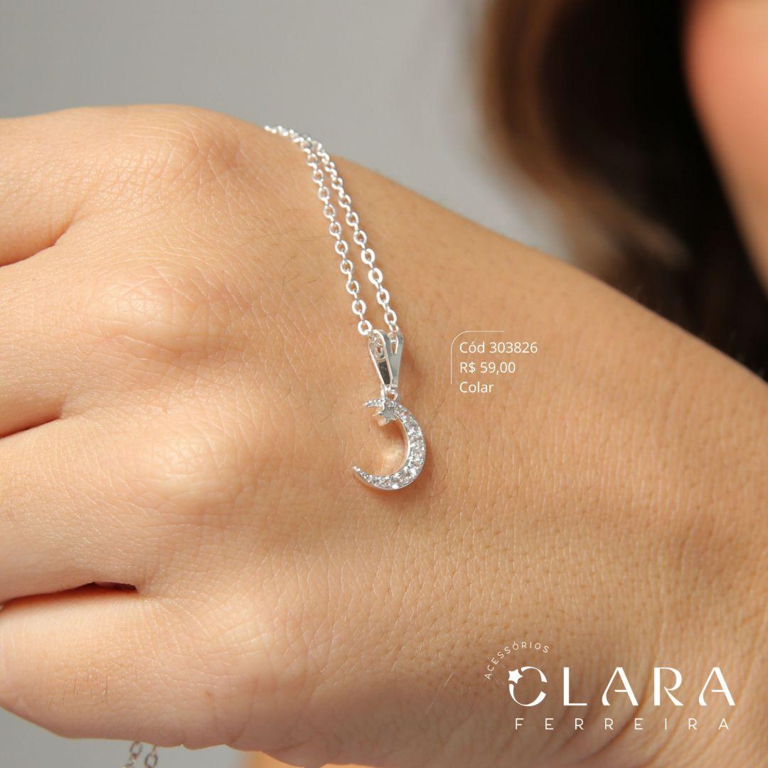 COLAR ELOS C/ PINGENTE LUA MICROZIRCÔNIAS E ESTRELA LISA - 12MM - 45CM - Banho de Prata