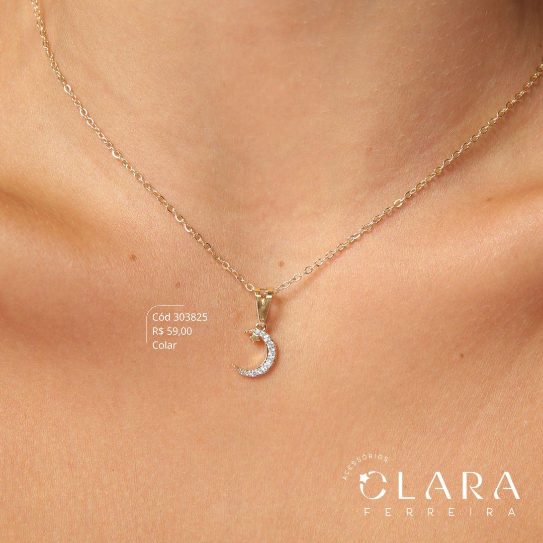 COLAR ELOS C/ PINGENTE LUA MICROZIRCÔNIAS E ESTRELA LISA - 12MM - 45CM - Dourado