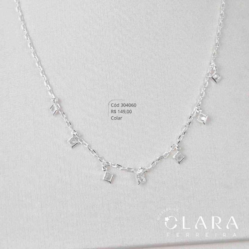 COLAR ELOS CARTIER C/ 7 ZIRCONIAS QUADRADAS 4MM PENDURADAS - 45CM - Banho de Prata