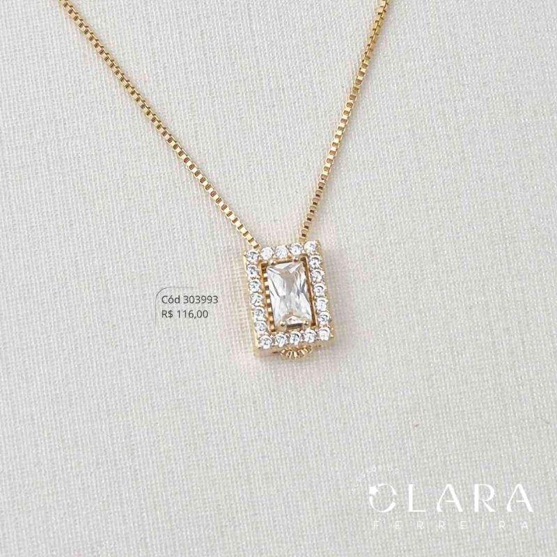COLAR GRAVATINHA AJUSTAVEL VENEZIANA C/ PINGENTE ZIRCÔNIA RETANGULAR ADORNADA MICROZIRCÔNIAS - 50CM - Dourado
