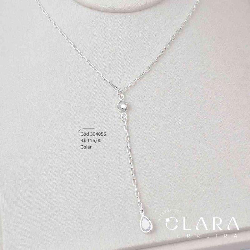 COLAR GRAVATINHA ELOS CARTIER TIFF C/ 2 ZIRCONIA FORMATO GOTA 6MM PENDURADA - 45CM - Banho de Prata