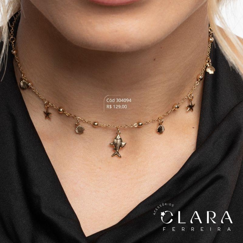 COLAR INFANTIL ELOS C/ BOLINHAS C/ 4 CONCHAS 6MM, 2 ESTRELAS 8MM E 1 PEIXE 14MM PENDURADOS - CLARINHA KIDS - 45CM - Dourado