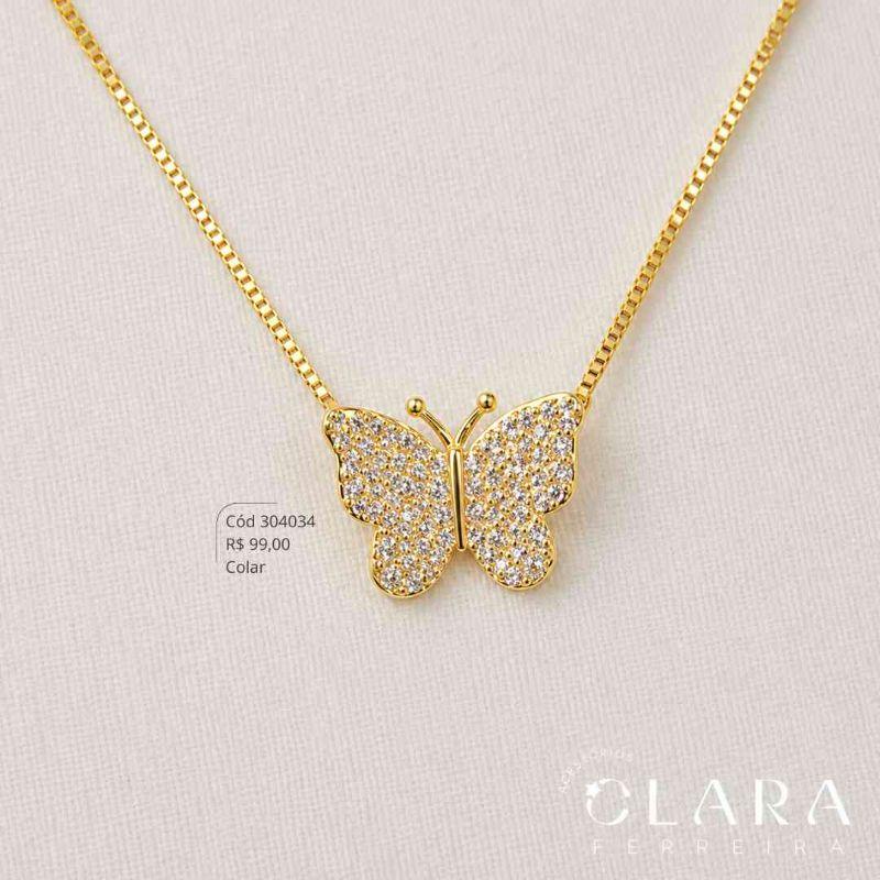 COLAR VENEZIANA C/ PINGENTE BORBOLETA MICROZIRCÔNIAS - 11MM - 45CM - Dourado