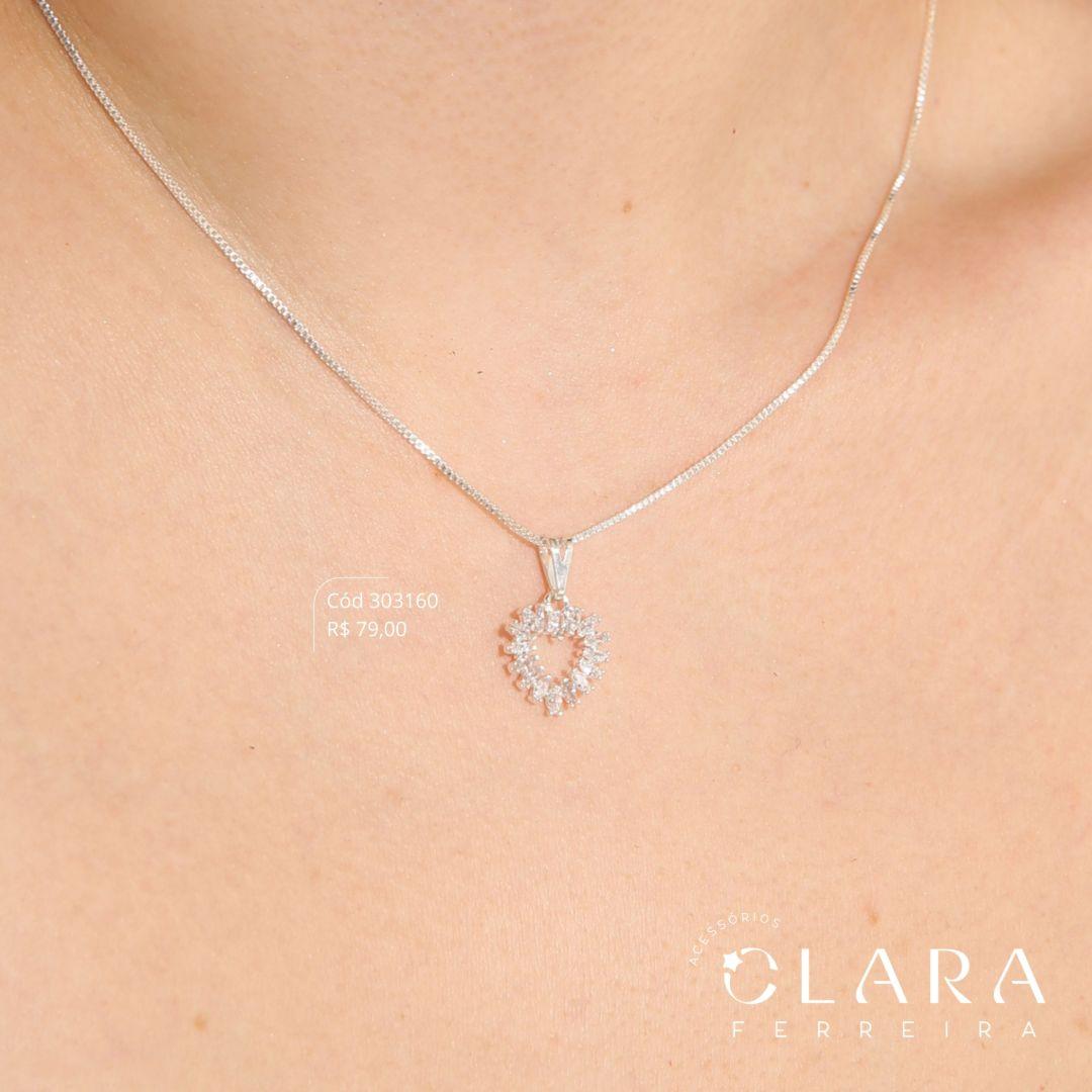 COLAR VENEZIANA C/ PINGENTE CORAÇÃO ZIRCONIAS GOTA 14MM VAZADO  - 40CM - Banho de Prata