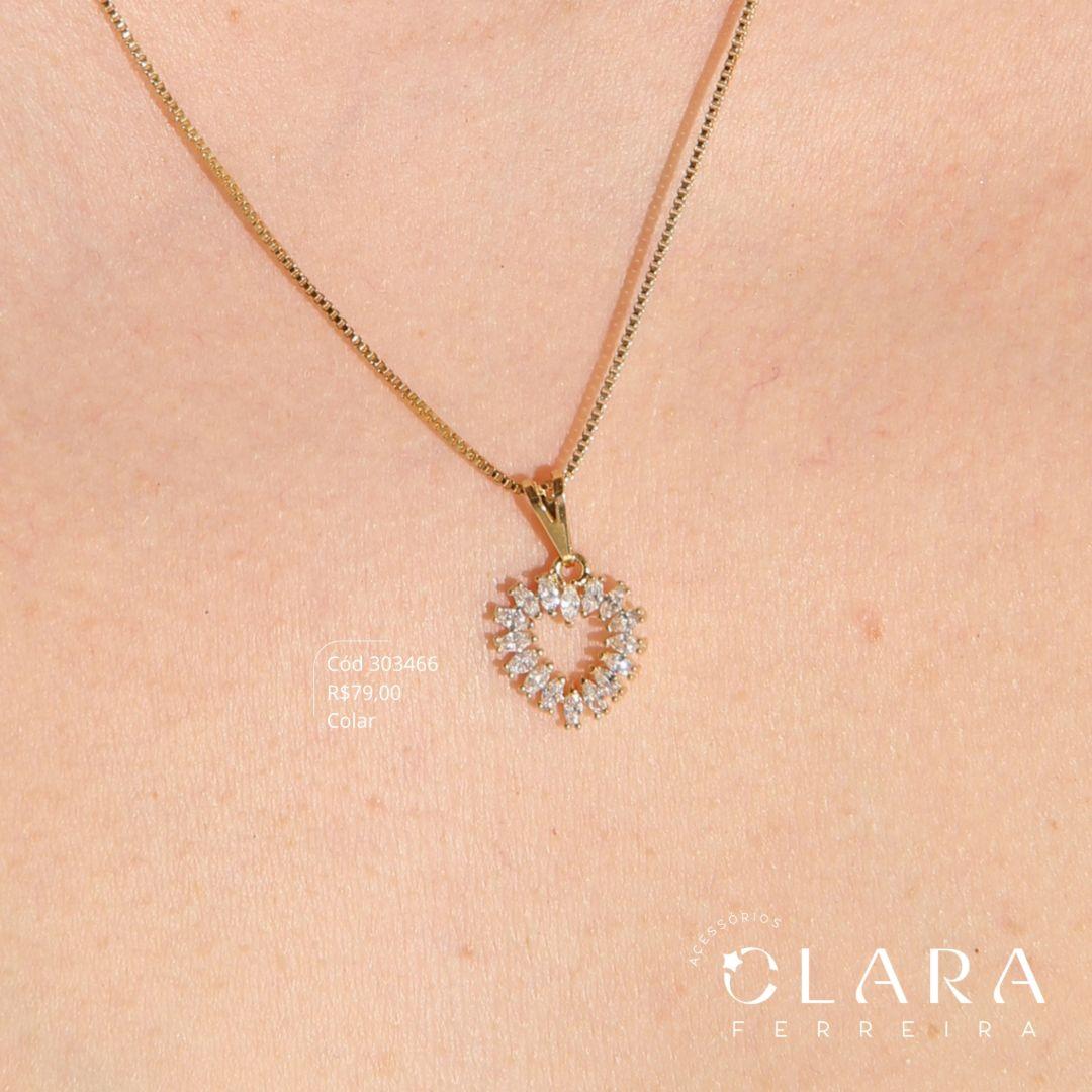 COLAR VENEZIANA C/ PINGENTE CORAÇÃO ZIRCONIAS GOTA 14MM VAZADO - 40CM - Dourado
