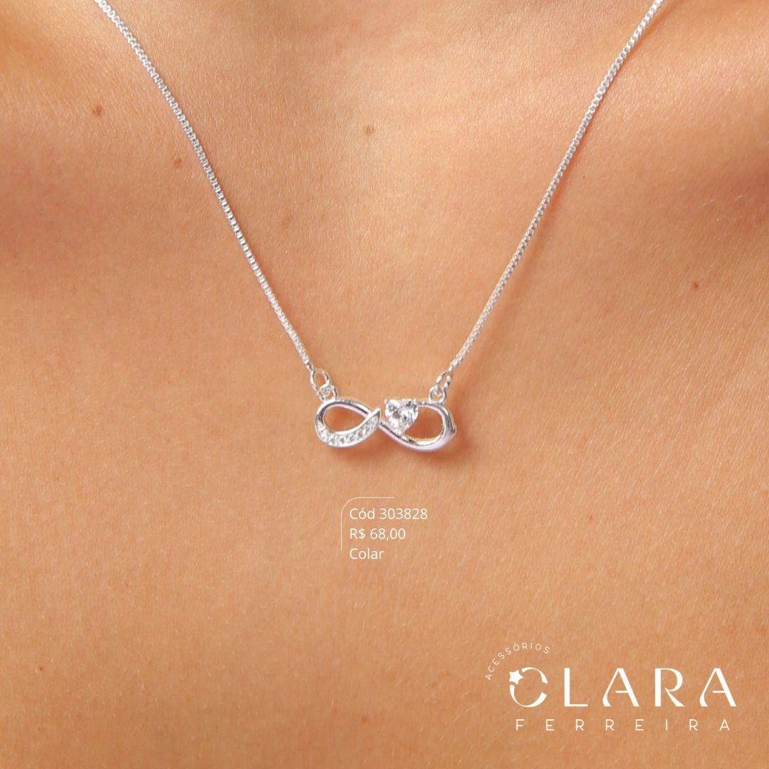 COLAR VENEZIANA C/ PINGENTE INFINITO 1 LADO MICROZIRCÔNIAS E 1 LADO LISO C/ 1 ZIRCÔNIA CORAÇÃO 3MM - 17MM - 45CM - Banho de Prata