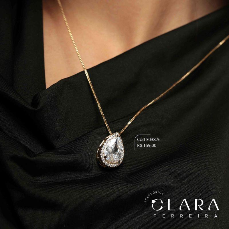 COLAR VENEZIANA C/ PINGENTE ZIRCONIA GOTA 13MM ADORNADA 1 FILEIRA MICROZIRCÔNIAS - CAIXA FUNDIDA - 16MM - 45CM - Dourado