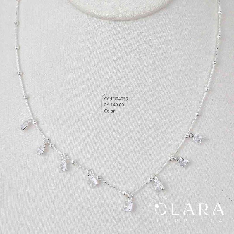 COLAR VENEZIANA TRABALHADA C/ BOLINHAS C/ 8 ZIRCONIAS QUADRADAS 4MM PENDURADAS - PEÇA EXCLUSIVA - 45CM - Banho de Prata