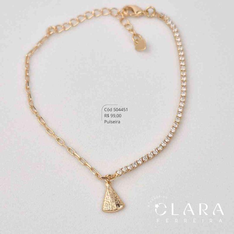 PULSEIRA 2 MALHAS: METADE RIVIERA E METADE ELOS CARTIER C/ PINGENTE NOSSA SENHORA 12MM PENDURADA - 17CM - Dourado