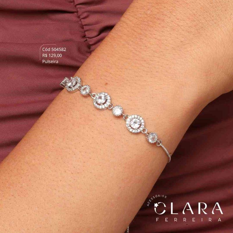 PULSEIRA AJUSTÁVEL VENEZIANA C/ MEIO 3 ZIRCÔNIAS REDONDA ADORNADAS MICROZIRCÔNIAS E 4 ZIRCÔNIAS REDONDAS 3MM CAIXA INGLESA FUNDIDA - Ródio Branco