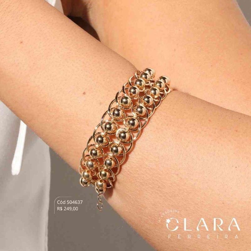 PULSEIRA BRACELETE 2 FIOS DE BOLAS LISAS ADORNADAS FIO TRANÇADO - PEÇA EXCLUSIVA - Dourado