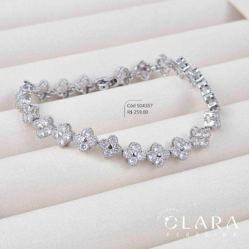 PULSEIRA CORAÇÕES TREVO VAN CLEEF ALHAMBRA C/ ZIRCÔNIAS REDONDAS INSPIRAÇÃO VAN CLEEF - 7MM - 17CM - Ródio Branco