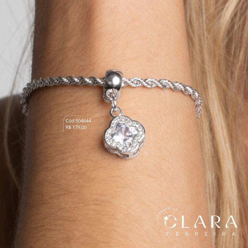PULSEIRA CORDÃO BAIANO 3MM C/ PINGENTE TREVO VAN CLEEF ALHAMBRA COM MEIO ZIRCÔNIA CRISTAL ADORNADA MICROZIRCÔNIAS CAIXA FUNDIDA - 12MM - 17CM - Banho de Prata