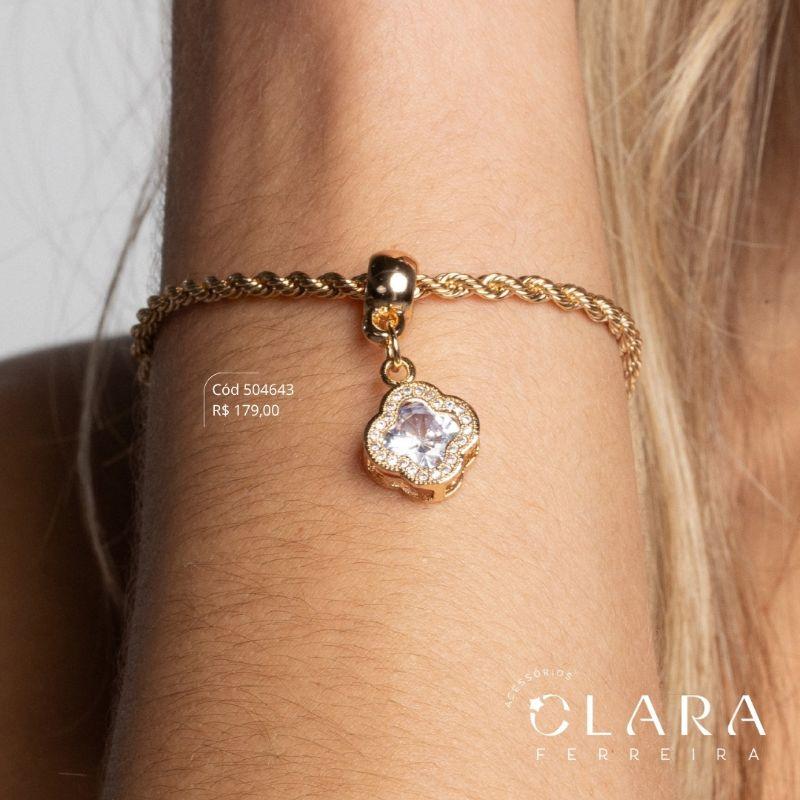 PULSEIRA CORDÃO BAIANO 3MM C/ PINGENTE TREVO VAN CLEEF ALHAMBRA COM MEIO ZIRCÔNIA CRISTAL ADORNADA MICROZIRCÔNIAS CAIXA FUNDIDA - 12MM - 17CM - Dourado