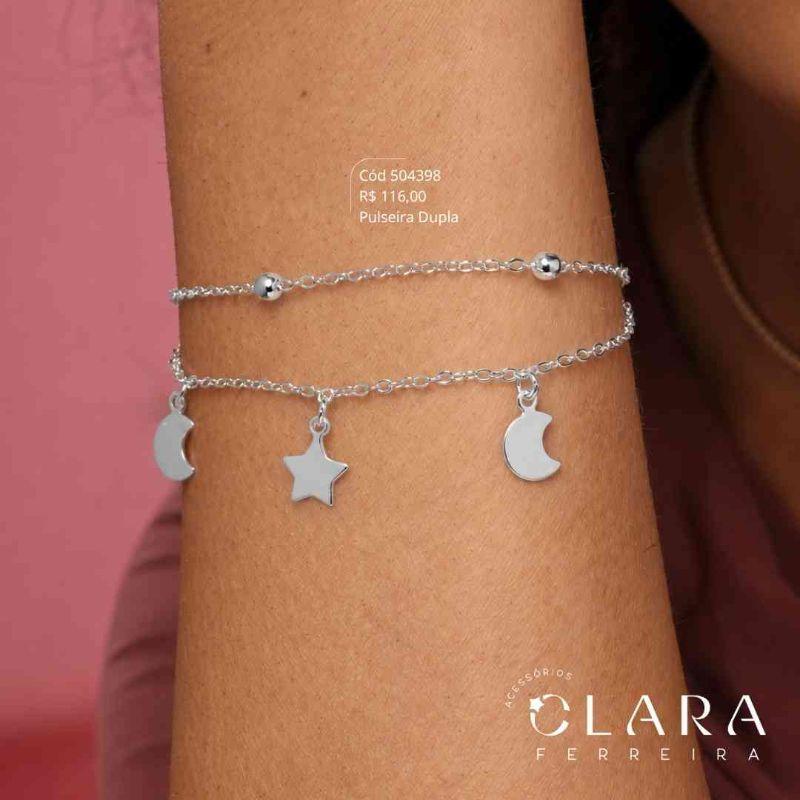 PULSEIRA DUPLA: 1 FIO ELOS C/ BOLINHAS E 1 FIO ELOS C/ 2 LUAS E 1 ESTRELA PENDURADAS - 17CM - Banho de Prata
